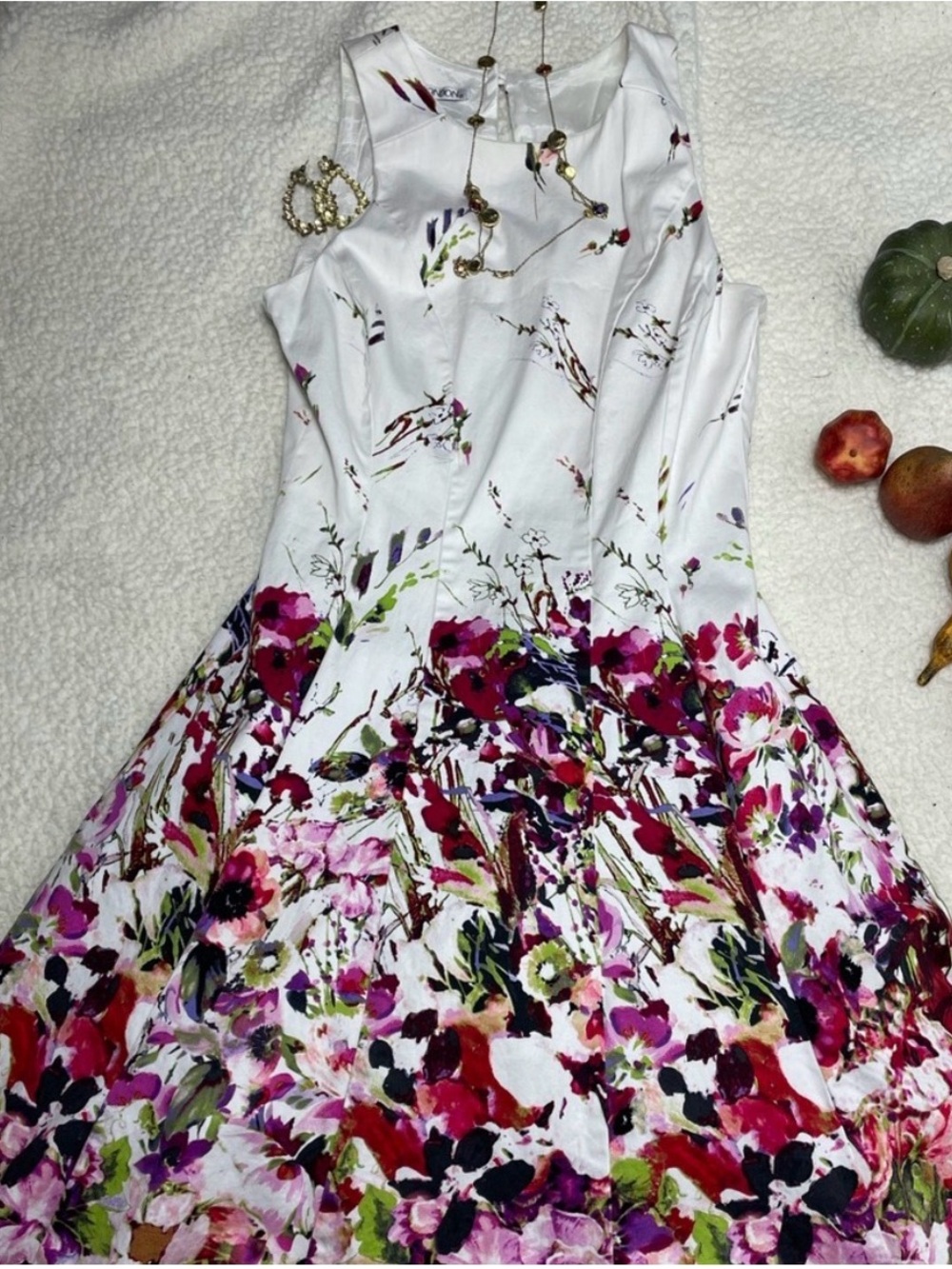 Maggy London White Floral Fit-and-Flare Dress with Pink, Purple & Green Accents